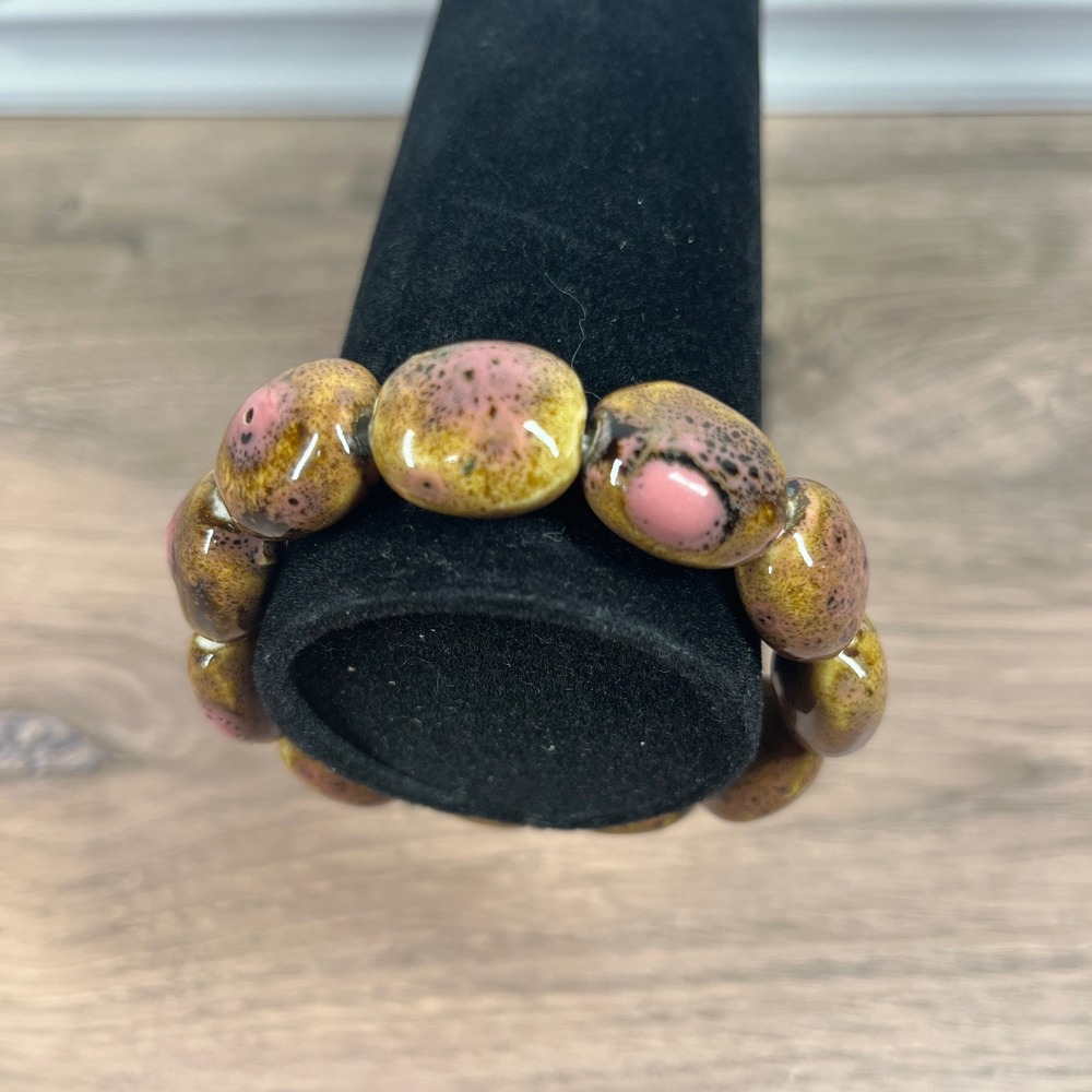 Artisan Ceramic Bead Stretch Bracelet 7 in Pink Mustard Speckled‎ Boho - Picture 3 of 7